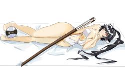  1girl azur_lane bed black_hair breasts brown_eyes choker cleavage curvy female_focus full_body hair_ornament hair_ribbon katana large_breasts long_hair looking_at_viewer lying navel on_side one-piece_swimsuit ponytail ribbon see-through solo swimsuit sword takao_(azur_lane) unaligned_breasts watu weapon white_one-piece_swimsuit wide_hips 