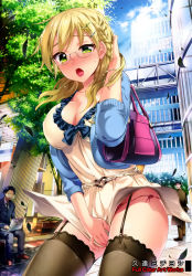  1girl 2boys :o absurdres bag black_thighhighs blonde_hair blush braid breasts building character_request cleavage computer copyright_request covered_erect_nipples day dress faceless faceless_male full-face_blush garter_straps glasses highres kuon_michiyoshi laptop large_breasts leaf lingerie multiple_boys open_mouth outdoors panties pantyshot pink_panties side-tie_panties string_panties thighhighs tree underwear wind wind_lift  rating:Questionable score:56 user:danbooru