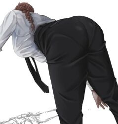  1girl ass ass_focus black_necktie black_pants braid braided_ponytail breasts business_suit chainsaw_man collared_shirt commentary_request erupusai2 formal large_breasts long_hair makima_(chainsaw_man) necktie office_lady pants pantylines ponytail red_hair shirt simple_background solo suit tagme white_background white_shirt  rating:Sensitive score:37 user:danbooru
