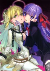 10s 2girls absurdres ahoge bb_(fate) bb_(fate/extra) bdsm belt between_breasts black_legwear blonde_hair bodysuit breasts buckle chain couple fate/extra fate/extra_ccc fate_(series) gloves green_eyes hair_ribbon hand_on_another&#039;s_cheek hand_on_another&#039;s_face highres hug lace lace-trimmed_legwear lace_trim lock long_hair looking_at_viewer multiple_girls nero_claudius_(bride)_(fate) nero_claudius_(fate) nero_claudius_(fate)_(all) padlock parted_lips purple_eyes purple_hair ribbon short_hair simple_background sitting smile thighhighs veil wada_arco wariza white_gloves yuri zipper rating:Sensitive score:34 user:danbooru