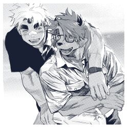  2boys akiha_gongen_(housamo) animal_ears arm_around_shoulder bandaid bandaid_on_face bandaid_on_nose bara catoblepas_(housamo) couple dithering furry furry_male hair_over_one_eye highres horns huge_eyebrows looking_at_another male_focus monochrome multiple_boys muscular muscular_male one_eye_closed open_mouth polo_shirt ponytail shirt short_hair short_sleeves single_horn smile tokyo_houkago_summoners twitter_username upper_body wasp_(anthyutena) watch wrinkled_fabric wristwatch yaoi 