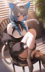  1girl :3 adjusting_clothes adjusting_legwear animal_ear_fluff animal_ears bell black_collar black_jacket black_thighhighs blue_eyes blue_hair braid breasts bright_pupils cat_ears cat_girl cat_tail collar commission feet gradient_hair hair_intakes hair_ornament hairclip heart heart-shaped_pupils highres indoors jacket knee_up long_hair looking_at_viewer medium_breasts metatarou multicolored_hair neck_bell off_shoulder on_chair original plant potted_plant shirt shutter_shades sitting skeb_commission skindentation sleeves_past_wrists solo symbol-shaped_pupils tail thigh_strap thighhighs thighs torn_clothes torn_thighhighs twin_braids white_hair white_pupils white_shirt x_hair_ornament 