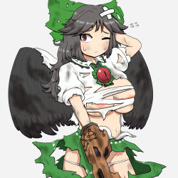  1girl areola_slip arm_cannon bandaid bandaid_on_face bird_wings black_hair black_wings blouse blush bow breasts buttons cape collared_shirt damaged dress frilled_skirt frills green_bow green_skirt hair_bow huge_breasts kigan&#039;eiji kneehighs long_hair one_eye_closed panties puffy_short_sleeves puffy_sleeves red_eyes reiuji_utsuho scratches shirt short_sleeves skirt socks solo third_eye torn_clothes torn_dress torn_legwear torn_shirt torn_skirt touhou underwear weapon white_cape white_shirt wings  rating:Questionable score:20 user:danbooru