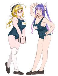  2girls absurdres ahoge blonde_hair blue_one-piece_swimsuit breasts brown_footwear cleavage collarbone full_body glasses hand_on_own_hip hat highres i-19_(kancolle) i-8_(kancolle) infinity_symbol kantai_collection large_breasts loafers long_hair looking_at_viewer low_twintails multiple_girls name_tag ojipon old_school_swimsuit one-piece_swimsuit purple_hair red-framed_eyewear red_eyes sailor_hat school_swimsuit semi-rimless_eyewear shoes simple_background star-shaped_pupils star_(symbol) swimsuit symbol-shaped_pupils thighhighs tri_tails twintails under-rim_eyewear white_background white_thighhighs 