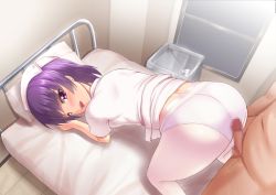  1boy 1girl all_fours ass buttjob buttjob_over_clothes censored clothes_lift dress dress_lift hetero looking_back mosaic_censoring nurse on_bed pantyhose penis purple_eyes purple_hair rubbing smile  rating:Explicit score:25 user:assjob