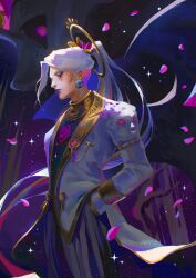  1other androgynous artist_name blue_lips blue_pants chaos_(hades) coat cowboy_shot earrings expressionless extra_faces falling_petals from_side hades_(series) hades_2 hair_ornament halo halo_behind_head hand_in_pocket happeh highres jewelry lapel_pin long_hair neck_ring no_lineart other_focus outdoors painterly pants petals ponytail purple_eyes purple_sky signature sky solo sparkle standing star_(sky) starry_sky swept_bangs white_coat white_hair 
