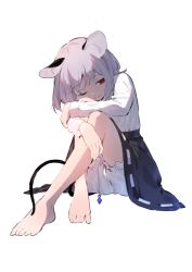1girl akagashi_hagane animal_ears barefoot bloomers feet grey_hair light_smile looking_to_the_side mouse_ears mouse_tail nazrin one_eye_closed red_eyes short_hair solo tail toes touhou underwear white_background rating:Sensitive score:14 user:danbooru