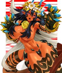  1girl armored_gloves black_hair body_markings breasts bright_pupils claw_pose claws colored_skin commentary_request dragon_girl dragon_horns dragon_tail eiyuu_senki eiyuu_senki_ww facial_mark flower gluteal_fold hair_flower hair_ornament hair_over_breasts highres horns kirinoe_(eiyuu_senki) large_breasts long_hair looking_at_viewer medallion miyamae_(miyazen9311) multicolored_hair navel open_mouth pink_eyes pointy_ears red_skin sharp_teeth solo tail teeth thigh_gap very_long_hair white_hair white_pupils 