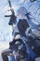  1girl absurdres bird black_coat black_gloves black_skirt black_thighhighs blue_hair blue_ribbon blue_sky branch breasts check_weapon closed_mouth cloud coat coat_on_shoulders cowboy_shot ear_piercing earrings finger_on_trigger flower from_side fur-trimmed_skirt fur_trim gloves gun h&amp;k_mp5k hair_ribbon hand_up handgun highres holding holding_gun holding_weapon holster jewelry knee_up long_hair looking_at_viewer looking_over_eyewear looking_to_the_side low_ponytail lyfe_bestla miniskirt official_art piercing pine_tree ribbon round_eyewear shirt shirt_tucked_in skirt skirt_hold sky snow snow_on_tree snowbreak:_containment_zone snowflake_earrings solo submachine_gun sunglasses thigh_holster thighhighs tinted_eyewear tree watch weapon white_flower white_shirt wristwatch yellow_eyes zettai_ryouiki 