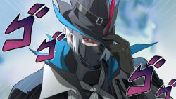  1boy arknights black_coat black_gloves black_hat black_shirt coat commentary_request emphasis_lines gloves grey_hair grey_scarf hand_on_headwear hat hat_belt hat_feather hat_ornament high_collar liang_chan_xing_make_tu male_focus mask menacing_(jojo) mouth_mask nose red_eyes scarf shirt short_hair solo ulpianus_(arknights) upper_body 