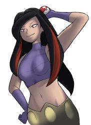  belt black_hair colorized creatures_(company) crop_top drawfag frontier_brain game_freak gloves highres long_hair lucy_(pokemon) midriff multicolored_hair navel nintendo poke_ball pokemon pokemon_emerald pokemon_rse red_eyes red_hair simple_background sketch smirk third-party_edit 