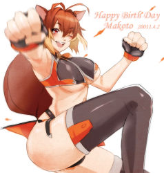  1girl abakichi animal_ears antenna_hair arc_system_works armpits blazblue blazblue:_continuum_shift breasts brown_hair character_name foreshortening happy_birthday kazuomi_(tukima) large_breasts makoto_nanaya one_eye_closed open_mouth orange_skirt red_eyes revealing_clothes skirt solo squirrel_ears squirrel_tail tail thighhighs typo underboob wink 