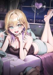  1girl ame_(uten_cancel) ass bare_shoulders barefoot black_camisole blonde_hair blue_nails blush bookshelf breasts camisole cellphone city_lights cleavage collarbone colored_inner_hair couch curtains earphones fangs feet feet_up fingernails green_eyes green_shorts hair_between_eyes hair_ornament hairclip heart highres indoors kurumi_noah large_breasts legs long_fingernails looking_at_viewer lying medium_hair multicolored_hair nail_polish night official_alternate_costume on_couch on_stomach open_mouth phone pillow purple_hair shorts sky smartphone smile soles solo star_(sky) starry_sky strap_slip stuffed_animal stuffed_toy teddy_bear teddy_bear_hair_ornament teeth the_pose thighs toes tongue two-tone_hair v virtual_youtuber vspo! window 