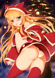  1girl ass bad_anatomy bell blonde_hair blue_eyes blush breasts christmas christmas_tree edita_(tanaka_the_wizard) elf glint hat long_hair m-da_s-tarou midriff miniskirt navel night open_mouth panties pointy_ears red_thighhighs santa_costume sidelocks skirt small_breasts snowing solo tanaka_the_wizard thighhighs twisted_torso underboob underwear white_panties wide_sleeves  rating:Questionable score:153 user:danbooru
