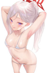 1girl :q absurdres alternate_costume alternate_hairstyle armpits arms_behind_head arms_up bare_arms bare_legs bare_shoulders bikini bikini_bottom_pull blue_archive blush breasts closed_mouth collarbone commentary cowboy_shot goldowl groin halo heart heart_in_eye highres licking_lips loli long_hair looking_at_viewer lowleg lowleg_bikini lowleg_panties micro_bikini mutsuki_(blue_archive) navel open_mouth panties pointy_ears ponytail purple_eyes red_halo ribbon shiny_skin sidelocks simple_background small_breasts smile solo standing stomach string_bikini sweat swimsuit symbol_in_eye thighs tongue tongue_out underwear very_long_hair wet white_background white_bikini white_hair rating:Questionable score:160 user:danbooru