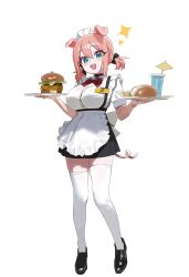 1girl absurdres animal_ears apron black_footwear black_skirt blue_eyes blush bow bowtie breasts burger button_gap cup food full_body hair_between_eyes highres holding large_breasts open_mouth original pig_ears pig_girl pig_tail pink_hair red_bow red_bowtie reverse_suspended_congress setakman sex_from_behind shirt shoes short_twintails simple_background skirt solo sparkle standing suspenders tail thighhighs tray twintails waist_apron waitress white_background white_thighhighs