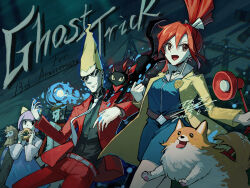  2girls 3girls beard black_cat black_shirt blonde_hair blue_dress bow brown_hair cabanela cat cat_(ghost_trick) coat collared_shirt copyright_name crane_(machine) dated detective dog dress facial_hair ghost_trick hair_bow high_ponytail highres jacket jowd kamila_(ghost_trick) long_hair long_sleeves missile_(ghost_trick) multiple_girls necktie pants police_badge purple_hair ray_(ghost_trick) red_hair red_jacket red_pants ryuh_(asahina_neru) shirt sissel_(ghost_trick) sunglasses white_bow white_necktie yellow_coat 