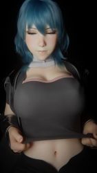 1girl 3d animated black_background black_shirt blue_eyes blue_hair blush bouncing_breasts breast_drop breasts buttons byleth_(female)_(fire_emblem) byleth_(fire_emblem) clothes_lift female_focus fingernails fire_emblem fire_emblem:_three_houses flashing highres j9006 jiggle large_breasts lifting_own_clothes looking_at_viewer lowres medium_hair midriff navel nintendo nipples no_bra realistic shirt shirt_lift simple_background solo standing stomach video rating:Questionable score:790 user:SadSap