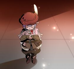 1girl 5altybitter5 boots brown_pants closed_eyes facing_viewer final_fantasy final_fantasy_xiv flower_knot freckles hat hat_feather lalafell pants pink_shirt pointy_ears purple_hair red_hat sad shirt short_hair solo tataru_taru u_u 