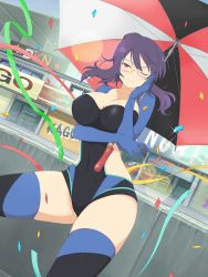 1girl breasts cleavage glasses highres large_breasts looking_at_viewer one_eye_closed parasol purple_hair race_queen red_eyes senran_kagura smile solo rin_(senran_kagura) thighhighs thighs umbrella rating:General score:23 user:OmegaConvoy1995