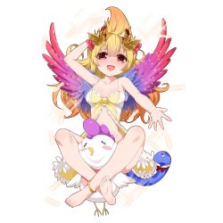  1girl :d anklet arm_behind_head arm_up babydoll barefoot bird blonde_hair character_request chicken feathers feet full_body gradient_hair highres indian_style jewelry kusaka_souji leg_lock looking_at_viewer multicolored_hair official_art open_mouth orange_hair outstretched_arm outstretched_hand red_eyes sitting smile snake soles solo spaghetti_strap sparkle tail toes transparent_background uchi_no_hime-sama_ga_ichiban_kawaii wings  rating:Sensitive score:10 user:danbooru