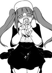  1girl bleach blush boots cum cum_in_mouth cum_on_clothes cum_on_tongue cumdrip cupping_hand cupping_hands dokugamine_riruka dress dripping eyelashes greyscale hand_to_own_mouth hanya_(hanya_yashiki) hat highres kneeling long_hair monochrome open_mouth own_hands_together sexually_suggestive short_dress sitting solo tongue tongue_out twintails upper_body uvula wariza  rating:Explicit score:81 user:sundae