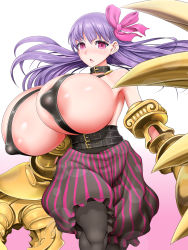 10s 1girl absurdres ahegao8 bare_shoulders bow breasts claws collar covered_erect_nipples fate/extra fate/extra_ccc fate_(series) gigantic_breasts gradient_background hair_bow hair_ribbon highres huge_nipples light_purple_hair long_hair pantyhose parted_lips passionlip_(fate) pink_background pink_eyes purple_hair ribbon simple_background solo strap white_background rating:Questionable score:59 user:railbreaker