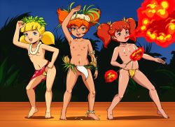 3girls barefoot blonde_hair blue_eyes breasts brown_eyes cleft_of_venus daisy_darrett feet fire flat_chest flora_(jayce_and_the_wheeled_warriors) green_eyes inspector_gadget jayce_and_the_wheeled_warriors loli looking_at_viewer multiple_girls navel nipples no_bra open_mouth orange_hair outdoors penny_(inspector_gadget) pepipopo pole_position_(series) pussy shiny_skin short_hair small_breasts third-party_edit toes topless twintails uncensored  rating:Explicit score:89 user:mcrimea