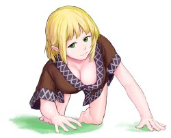  1girl all_fours barefoot blonde_hair breasts cleavage closed_mouth green_eyes kanoe_(kanoeuma0) large_breasts looking_at_viewer mizuhashi_parsee pointy_ears short_hair simple_background smile solo touhou white_background 