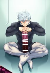  1boy black_bodysuit blue_eyes blush bodysuit closed_mouth dildo embarrassed fate/grand_order fate_(series) highres horse_dildo huge_dildo huge_penis crossed_legs male_focus male_focus muscular muscular_male on_floor opan2 penis percival_(fate) sex_toy sitting solo white_hair  rating:Explicit score:13 user:anonboy