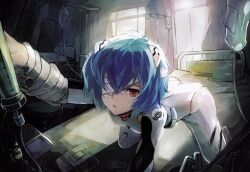  1girl ass ayanami_rei bandage_over_one_eye bed blue_hair bodysuit breasts hair_ornament highres hospital_bed intravenous_drip neon_genesis_evangelion non-web_source pillow pilot_suit plugsuit red_eyes short_hair small_breasts solo sunlight white_bodysuit zhuxiao517 
