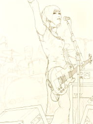 1boy 1girl amplifier arm_up bob_cut cable choker drum drum_set electric_guitar gibson gibson_les_paul guitar highres instrument lineart microphone microphone_stand monochrome short_hair sketch solo tempo1983 