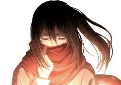  1girl absurdres artist_name black_hair closed_eyes covered_mouth facing_viewer hair_between_eyes highres light_particles long_sleeves medium_hair mikasa_ackerman red_scarf scarf shingeki_no_kyojin signature simple_background sirius_0905hz solo tears upper_body white_background 