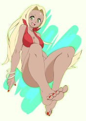  1girl absurdres ass barefoot bikini blonde_hair breasts cleavage creatures_(company) dark_skin full_body game_freak green_eyes highres jewelry kirbystars large_breasts long_hair looking_at_viewer midriff navel nintendo open_mouth pokemon pokemon_xy red_bikini shiny_skin simple_background smile solo swimmer_(pokemon) swimsuit thick_thighs thighs very_long_hair  rating:Sensitive score:6 user:popotepopote