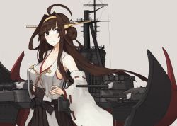  10s 1girl ahoge bad_id bad_twitter_id bare_shoulders black_skirt blush breasts brown_hair cleavage collarbone detached_sleeves double_bun female_focus floating_hair grey_eyes hair_bun hair_intakes hairband hands_on_own_hips headgear highres kantai_collection kongou_(kancolle) kongou_kai_ni_(kancolle) large_breasts long_hair long_sleeves looking_at_viewer looking_away looking_to_the_side machinery mikoto_(oi_plus) no_bra nontraditional_miko ribbon_trim silver_background simple_background skirt solo turret wide_sleeves  rating:Questionable score:9 user:danbooru