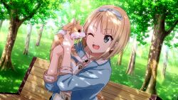  1girl 22/7 22/7_ongaku_no_jikan animal bench blonde_hair blue_hairband blue_jacket blue_ribbon blurry brown_dog chihuahua collared_shirt dappled_sunlight depth_of_field dog dutch_angle game_cg grass green_eyes hair_ribbon hairband highres holding holding_animal holding_dog jacket lens_flare licking licking_another&#039;s_cheek licking_another&#039;s_face light_particles looking_at_animal non-web_source official_art on_bench one_eye_closed open_mouth outdoors park park_bench pawpads pencil_skirt pink_shirt plaid plaid_shirt ribbon saito_nicole shirt sitting skirt smile solo sparkle sunlight teeth tree tree_shade upper_body upper_teeth_only white_skirt wooden_bench 