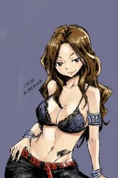 1girl breasts brown_eyes brown_hair cana_alberona character_name cleavage fairy_tail large_breasts long_hair mashima_hiro midriff navel official_art simple_background smile solo tattoo rating:Questionable score:44 user:jojosstand