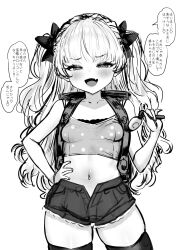  1girl backpack bag blush breasts commentary crime_prevention_buzzer crime_prevention_buzzer_threat fang hair_ribbon hand_on_own_hip highres mesugaki monochrome navel original randoseru ribbon shorts skindentation small_breasts thighhighs translated twintails unbuttoned yapo_(croquis_side) 
