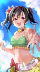 1girl absurdres bikini black_hair collarbone earrings flat_chest frilled_bikini frills green_bikini highres jewelry long_hair looking_at_viewer love_live! love_live!_school_idol_project natsuiro_egao_de_1_2_jump! navel necklace nyako_(utaneko31) open_mouth red_eyes smile solo star_(symbol) star_earrings stomach striped_bikini striped_clothes swimsuit twintails upper_body vertical-striped_bikini vertical-striped_clothes yazawa_nico