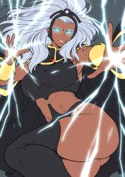  10s 1girl animification armpits ass black_thighhighs breasts cape curvy dark-skinned_female dark_skin electricity female_focus fighting_stance flat_color floating_hair foreshortening from_side glowing glowing_eyes headdress large_breasts leotard lips long_hair looking_at_viewer marvel midriff no_pupils o-ring o-ring_top ororo_munroe outstretched_arm parted_lips shouji_nigou simple_background solo storm_(x-men) superhero_costume taut_clothes thick_thighs thighhighs thighs toned vambraces white_hair x-men  rating:Questionable score:68 user:danbooru