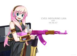  gun headset hello_kitty long_hair megurine_luka pink_hair sanrio sitting solo thighhighs very_long_hair vocaloid weapon  rating:Questionable score:3 user:drnums