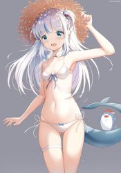  1girl absurdres bad_id bad_pixiv_id bikini bloop_(gawr_gura) blue_eyes blue_hair blush breasts chintora0201 fins fish_tail gawr_gura gluteal_fold grey_background hat highres hololive hololive_english long_hair looking_at_viewer multicolored_hair navel open_mouth shark_tail sharp_teeth side-tie_bikini_bottom simple_background small_breasts straw_hat swimsuit tail teeth thighs two-tone_hair virtual_youtuber white_bikini white_hair  rating:Sensitive score:70 user:danbooru