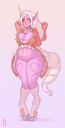  1girl alternate_costume blush bow breasts cleavage colored_sclera colored_skin demimond23 frills furry furry_female gradient_background groin heart hooves horns huge_bow huge_breasts inflation kneehighs league_of_legends long_hair long_sleeves navel no_panties parted_hair pink_skin pointy_ears red_bow sideways_glance single_horn socks solo soraka_(league_of_legends) standing very_long_hair white_hair yellow_sclera 