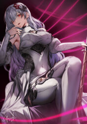  1girl armpits breasts commentary_request crossed_legs detached_sleeves feet_out_of_frame genyaky gradient_background granblue_fantasy granblue_fantasy:_relink grey_hair grey_pants grey_shirt hair_ornament hair_over_one_eye highres holding holding_sword holding_weapon lilith_(granblue_fantasy:_relink) long_hair long_sleeves looking_at_viewer pants parted_lips pink_background red_eyes shirt sideboob signature solo sword tight_clothes weapon  rating:Sensitive score:4 user:danbooru
