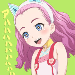 10s 1girl :d alice_(id-0) animal_ears blue_eyes cat_ears choker fake_animal_ears flat_chest green_background heart heart-shaped_pupils id-0 loli long_hair meow_(nekodenki) nipple_cutout nippleless_clothes nipples open_mouth pink_hair smile solo symbol-shaped_pupils upper_body rating:Questionable score:39 user:danbooru
