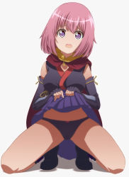  1girl artist_request black_panties breasts clothes_lift highres looking_at_viewer minamoto_momo open_mouth panties pink_hair purple_eyes release_the_spyce short_hair simple_background skirt skirt_lift solo spread_legs tagme underwear  rating:Questionable score:11 user:BornToFap