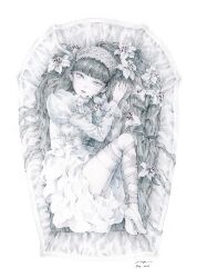  1girl 2023 blunt_bangs coffin dress expressionless flats flower frilled_dress frills gothic_lolita grey_eyes grey_hair headdress juliet_sleeves leg_ribbon lily_(flower) lolita_fashion long_hair long_sleeves looking_at_viewer looking_up lying monochrome on_side original puffy_sleeves ribbon ringo_komachi signature simple_background solo thighs white_background white_dress white_flower white_theme 