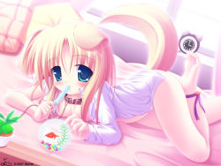 1girl animal_ears ass barefoot bed blonde_hair blue_eyes bottomless breasts cleavage clock collar copyright_request dog_ears dog_tail dress_shirt fang feet fish food leash loli long_hair lying no_panties on_stomach open_clothes open_shirt pillow popsicle saliva sexually_suggestive shirt small_breasts soles solo tail toes wallpaper window yokuran rating:Questionable score:48 user:danbooru