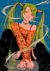  1girl black_camisole black_shorts black_thighhighs blush camisole earrings fishnet_top fishnets green_eyes green_hair hair_tubes halftone highres jewelry long_hair looking_at_viewer mole_beside_mouth necklace orange_shirt original ring shirt shorts solo star_(symbol) thighhighs twintails very_long_hair watermark yatsuki_natsumi 