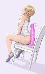  1girl absurdres after_masturbation ass awesomeerix bare_legs blonde_hair blue_eyes blush bottomless chair dildo dildo_reveal dress highres huge_dildo kingdom_hearts kingdom_hearts_chain_of_memories medium_hair namine no_panties pussy_juice sandals sex_toy short_dress simple_background sitting solo sweat 